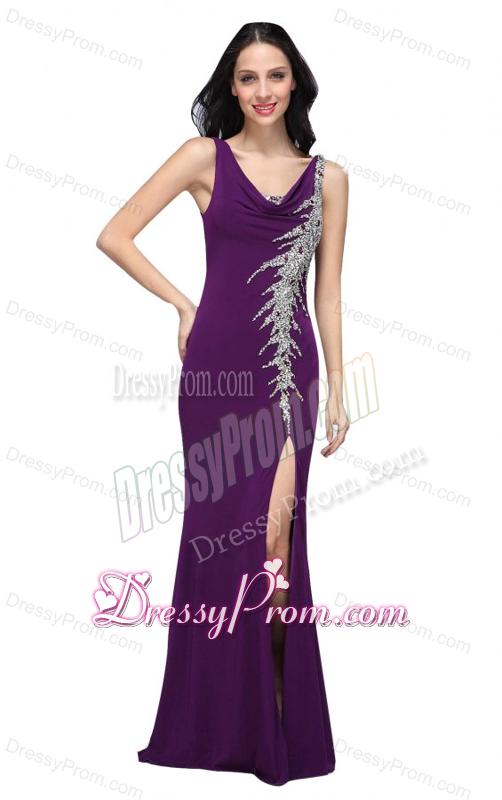 Column V-neck Purple Beading High Slit Chiffon Floor-length Prom Dress