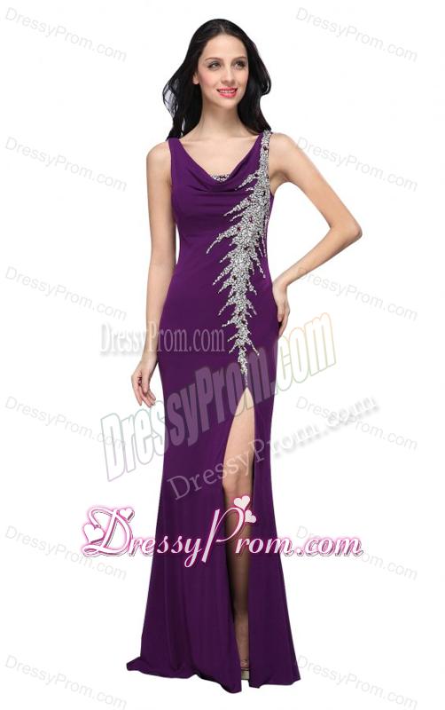 Column V-neck Purple Beading High Slit Chiffon Floor-length Prom Dress