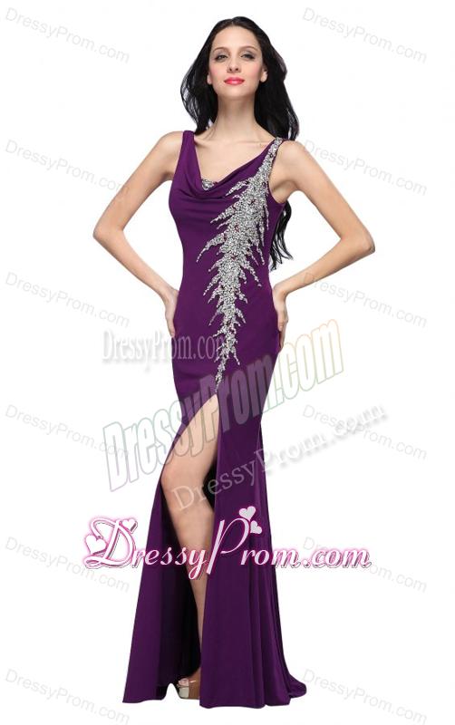 Column V-neck Purple Beading High Slit Chiffon Floor-length Prom Dress