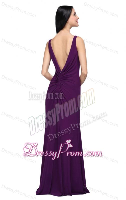 Column V-neck Purple Beading High Slit Chiffon Floor-length Prom Dress