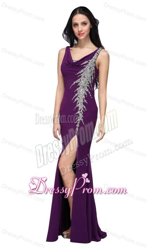 Column V-neck Purple Beading High Slit Chiffon Floor-length Prom Dress