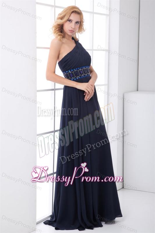 Discount Empire One shoulder Chiffon Navy Blue Beading Prom Dress with Side Zipper