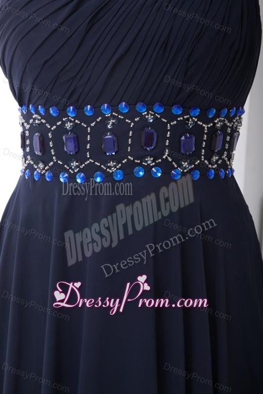 Discount Empire One shoulder Chiffon Navy Blue Beading Prom Dress with Side Zipper