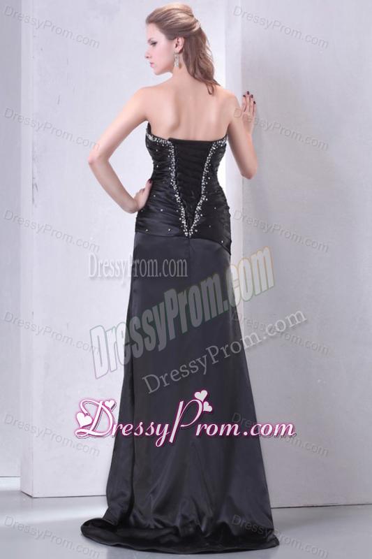 High Slit Black Sweetheart Prom Dress with Beading and Ruching