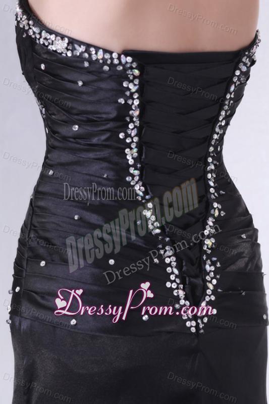 High Slit Black Sweetheart Prom Dress with Beading and Ruching