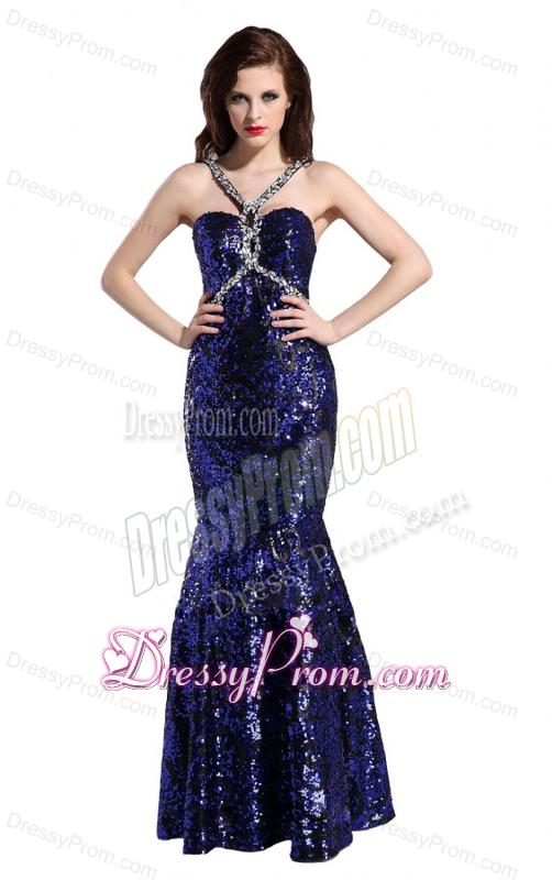 Mermaid Straps Sequins Beading Floor-length Purple Prom Dress