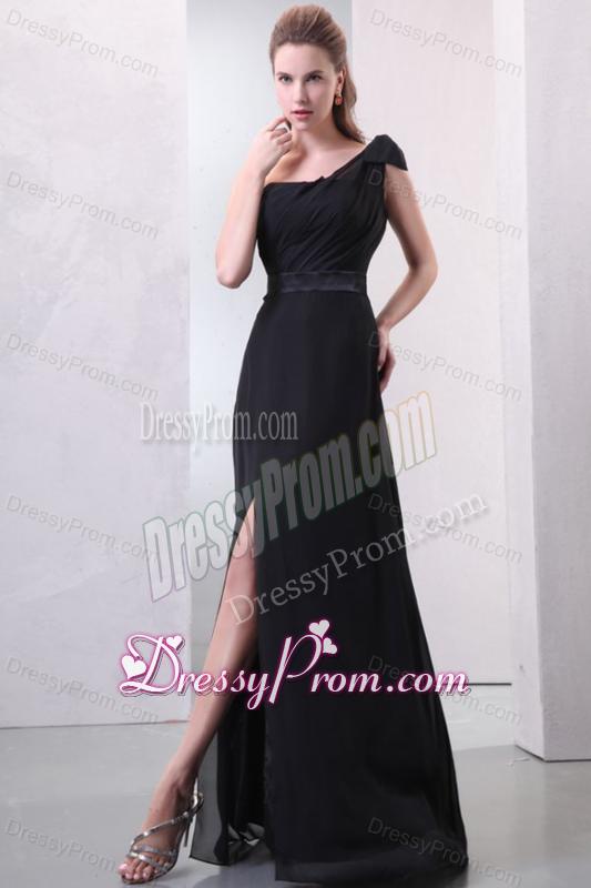 One Shoulder Black Ruche and Silt Chiffon Prom Dress in Full Length
