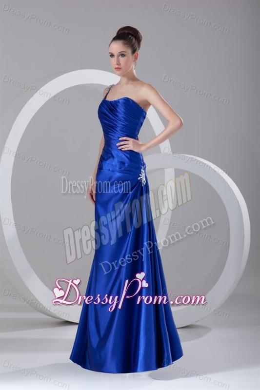 Simple Column One Shoulder Floor length Appliques and Ruching Blue Prom Dress