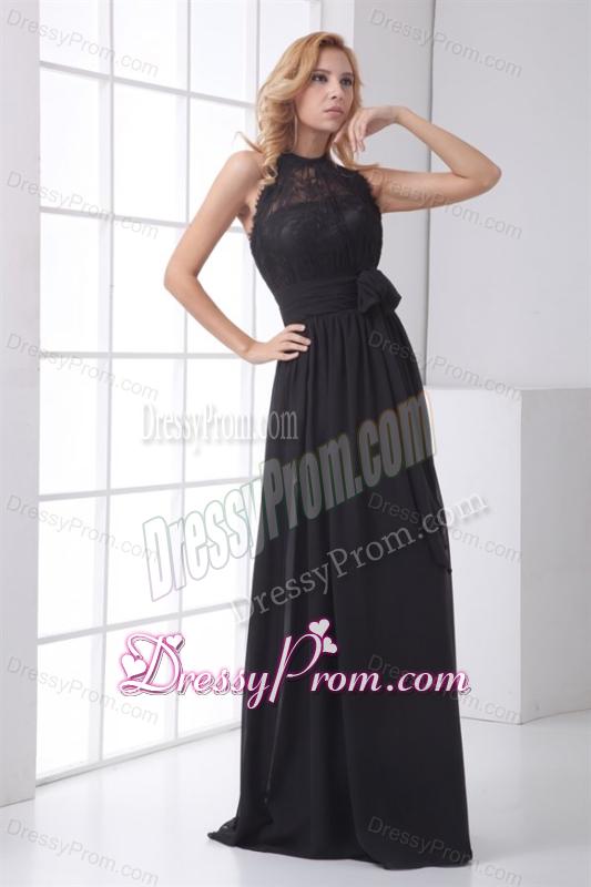 Simple Empire Halter Lace Chiffon Floor-length Black Prom Dress