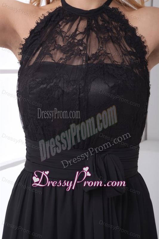 Simple Empire Halter Lace Chiffon Floor-length Black Prom Dress