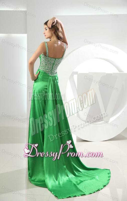 Spring Green Straps Column Elastic Woven Satin Brush Train Beading Prom Dress