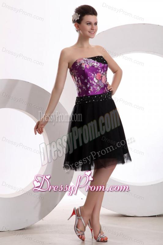 A-line Black and Purple Appliques Beading Tulle Strapless Prom Dress
