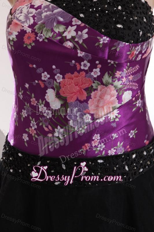 A-line Black and Purple Appliques Beading Tulle Strapless Prom Dress