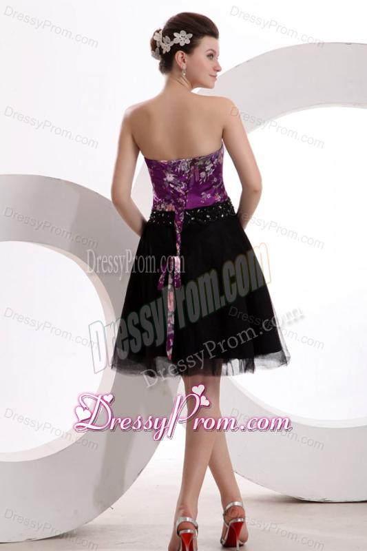 A-line Black and Purple Appliques Beading Tulle Strapless Prom Dress