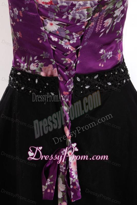 A-line Black and Purple Appliques Beading Tulle Strapless Prom Dress