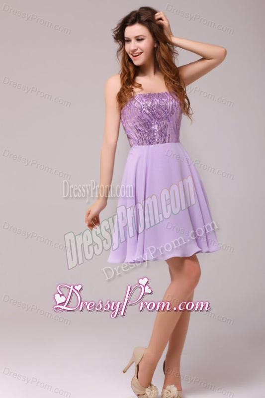 Purple Strapless Sequins Chiffon Knee-length Prom Dress