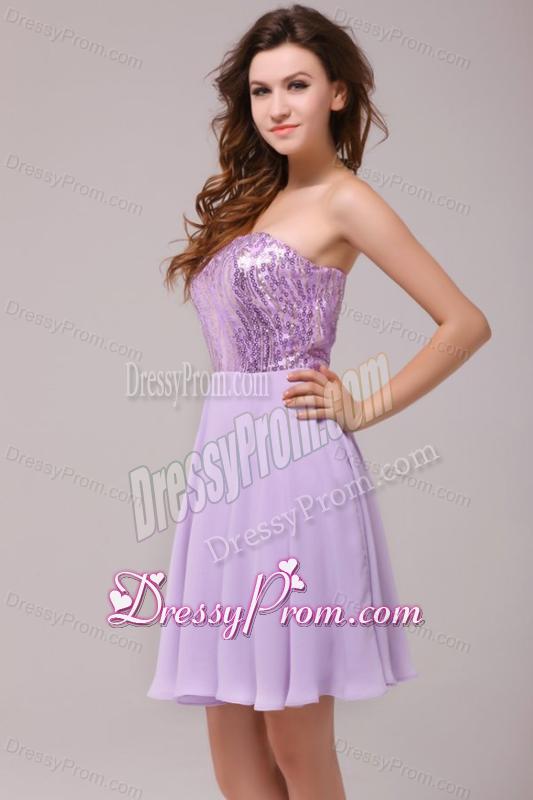 Purple Strapless Sequins Chiffon Knee-length Prom Dress