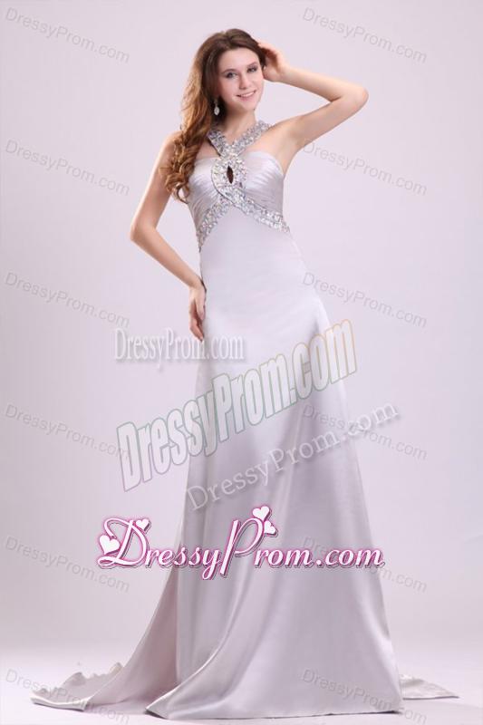 A-line Gray Straps Beading and Ruching Brush Train Prom Dress