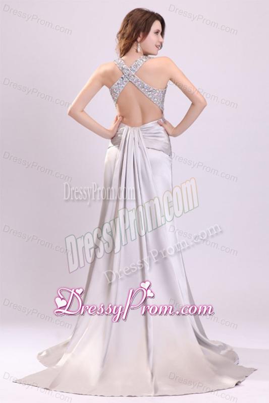 A-line Gray Straps Beading and Ruching Brush Train Prom Dress