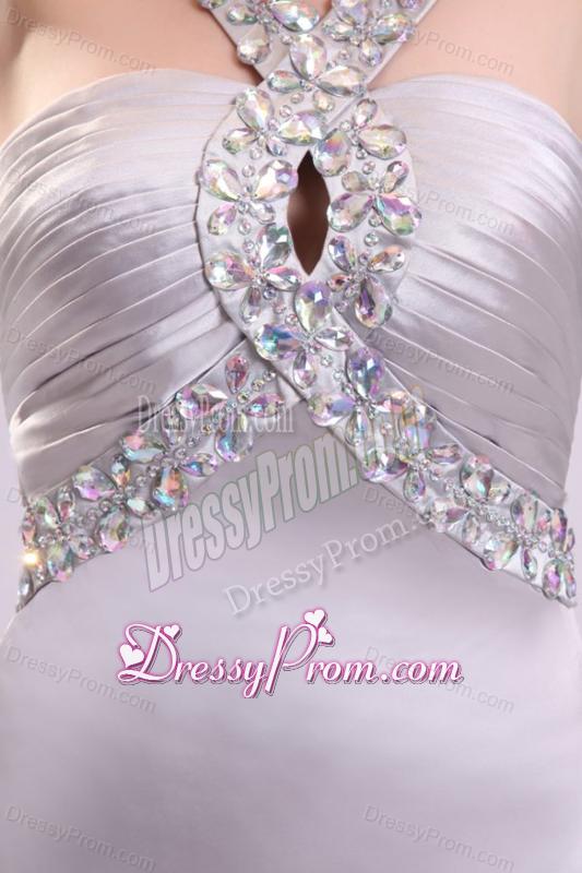 A-line Gray Straps Beading and Ruching Brush Train Prom Dress