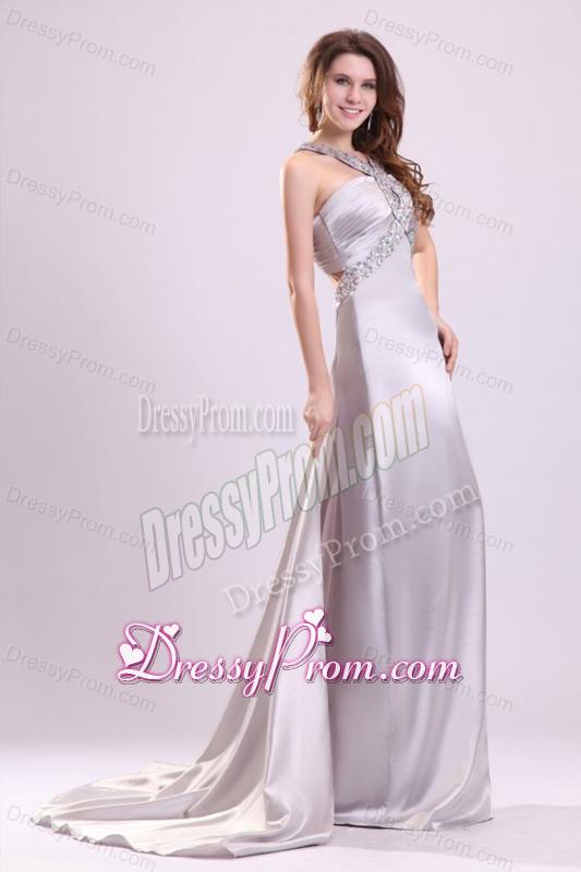 A-line Gray Straps Beading and Ruching Brush Train Prom Dress