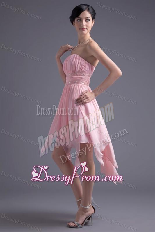 A-line Strapless High-low Pink Beading Chiffon Prom Dress