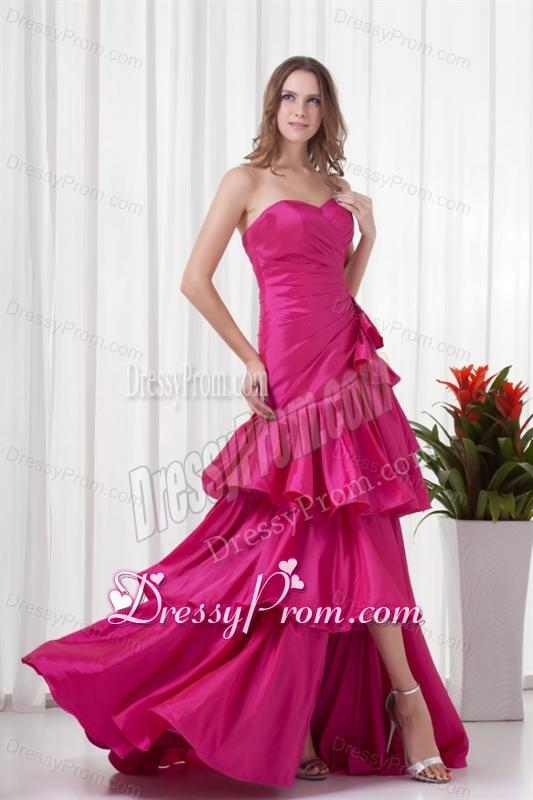 A-line Sweetheart Fuchsia High Low Ruching Bowknot Taffeta Prom Dress