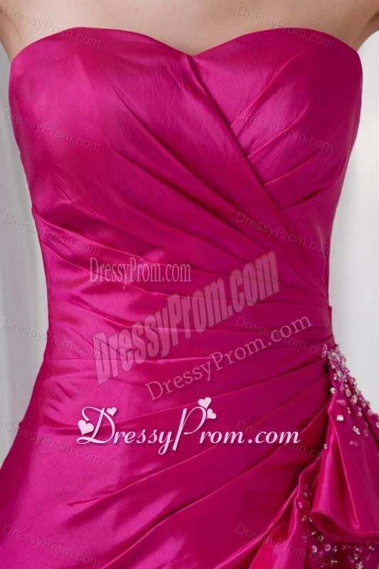 A-line Sweetheart Fuchsia High Low Ruching Bowknot Taffeta Prom Dress