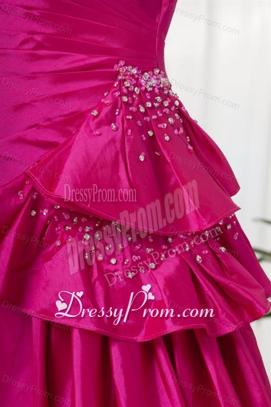 A-line Sweetheart Fuchsia High Low Ruching Bowknot Taffeta Prom Dress