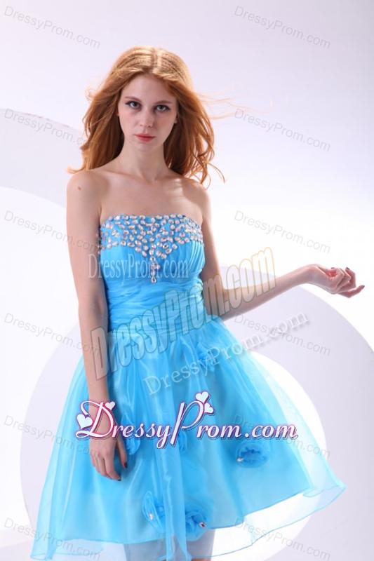 Aqua Blue Prom Dress with Strapless Beaded and Flowers