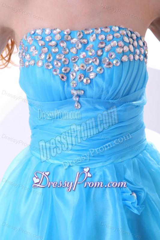 Aqua Blue Prom Dress with Strapless Beaded and Flowers