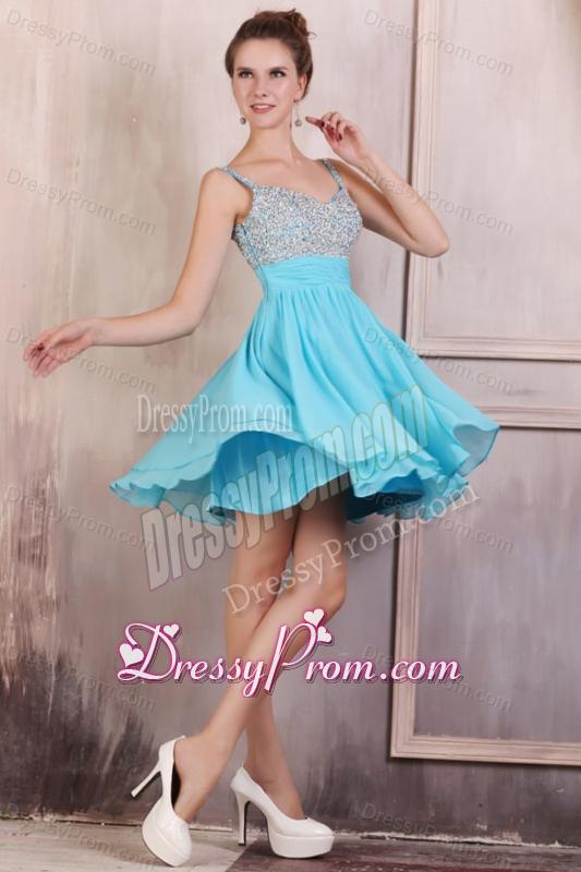 Beaded Decorate Brust Straps Chiffon Knee-length Aqua Blue Prom Dress