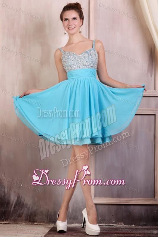 Beaded Decorate Brust Straps Chiffon Knee-length Aqua Blue Prom Dress