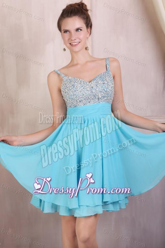 Beaded Decorate Brust Straps Chiffon Knee-length Aqua Blue Prom Dress