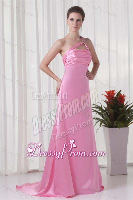 Brand new Column One Shoulder Brush Train Pink 2014 Prom Dress with Criss Cross