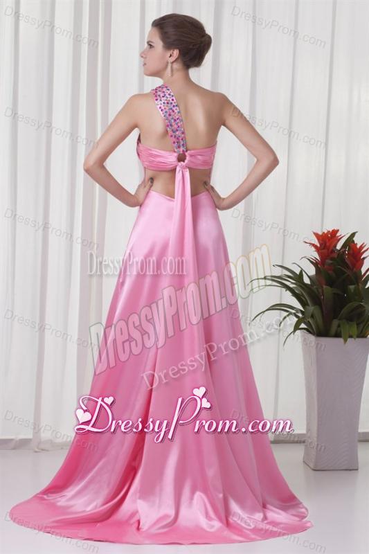 Brand new Column One Shoulder Brush Train Pink 2014 Prom Dress with Criss Cross