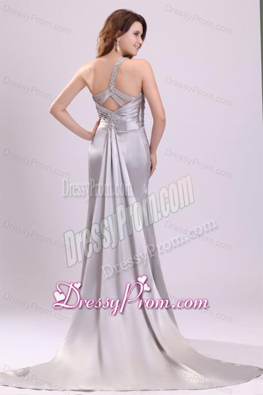 Column Beading and Ruching High Slit One Shoulder Watteau Train Prom Dress