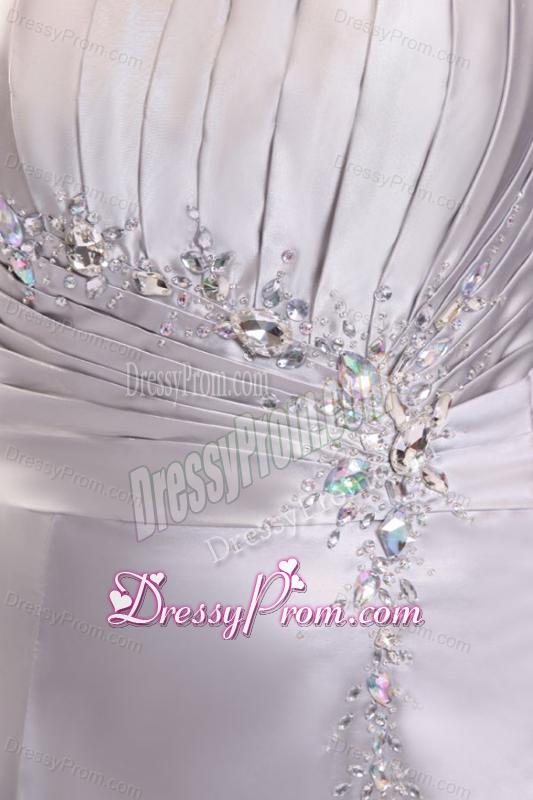 Column Beading and Ruching High Slit One Shoulder Watteau Train Prom Dress