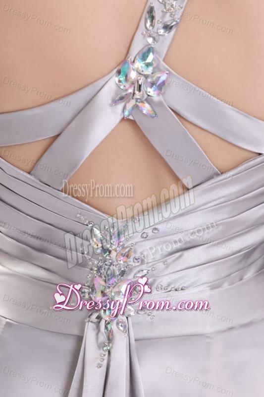 Column Beading and Ruching High Slit One Shoulder Watteau Train Prom Dress