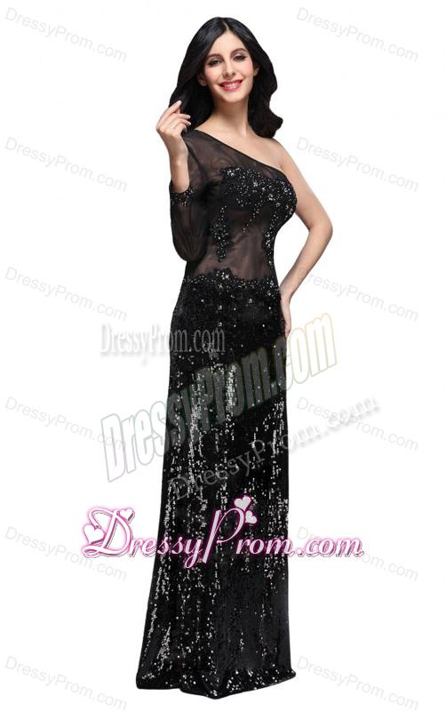 Column Black One Shoulder Long Sleeves Sequins High Slit Prom Dress