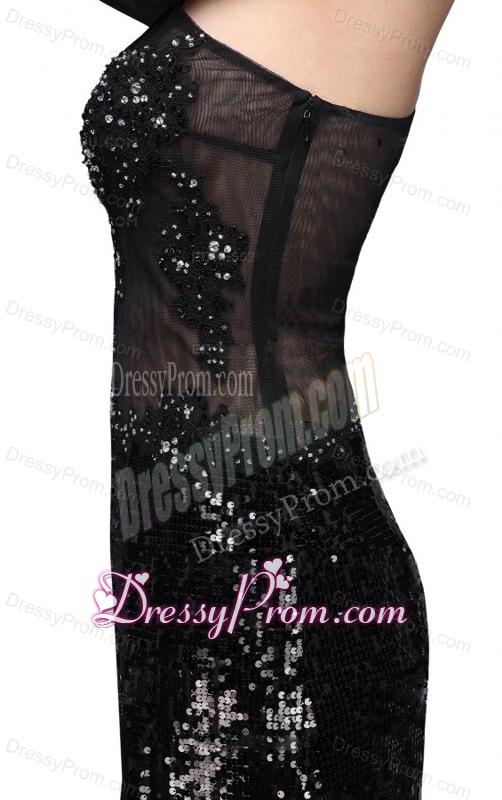 Column Black One Shoulder Long Sleeves Sequins High Slit Prom Dress