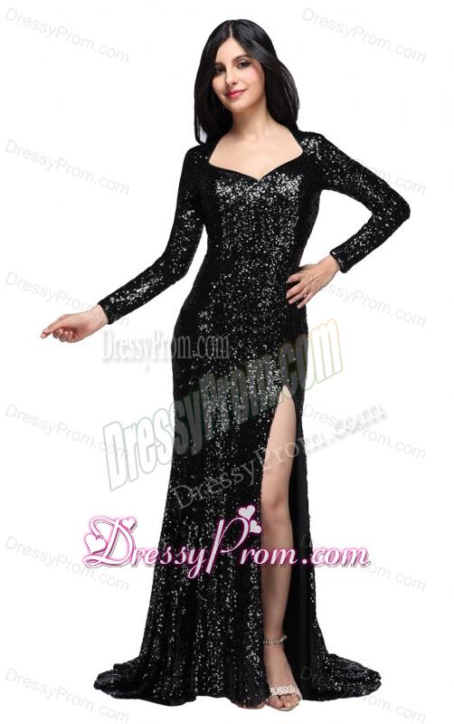 Column Black Square Long Sleeves Sequins High Slit Brush Train Prom Dress