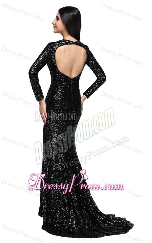 Column Black Square Long Sleeves Sequins High Slit Brush Train Prom Dress
