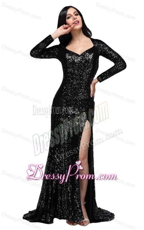 Column Black Square Long Sleeves Sequins High Slit Brush Train Prom Dress