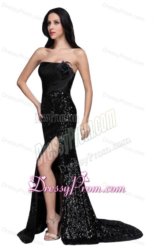 Column Black Strapless Sequins High Slit Brush Train Prom Dress