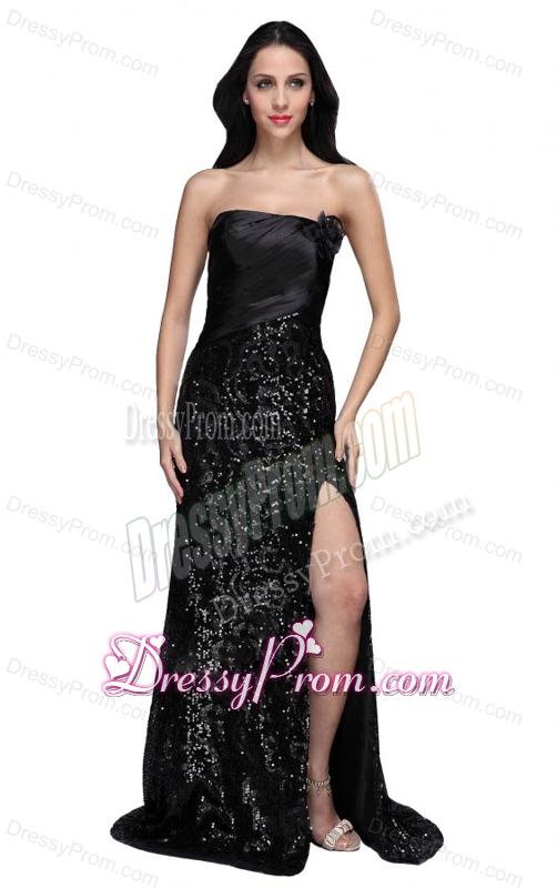 Column Black Strapless Sequins High Slit Brush Train Prom Dress