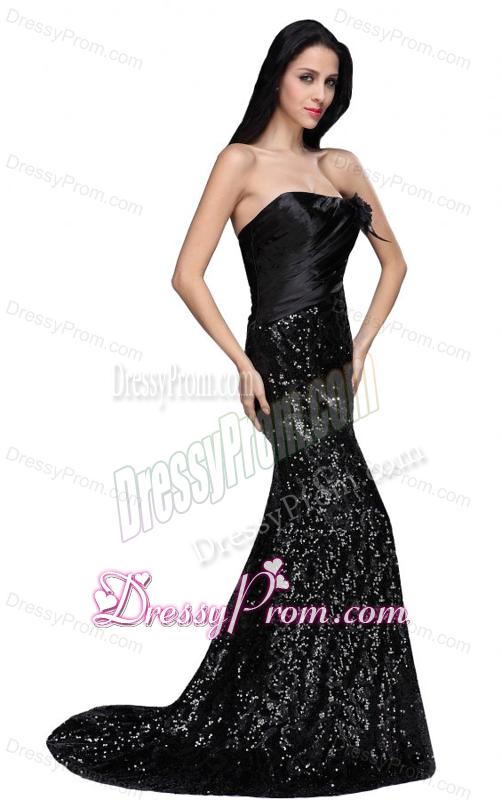 Column Black Strapless Sequins High Slit Brush Train Prom Dress