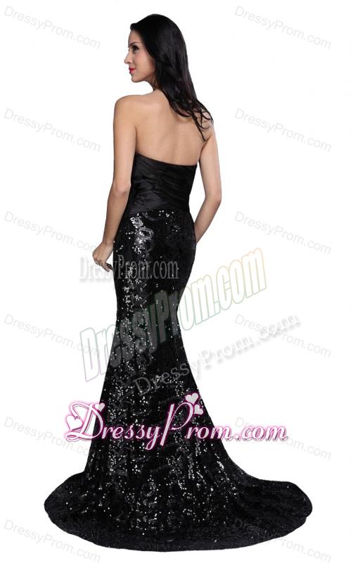 Column Black Strapless Sequins High Slit Brush Train Prom Dress