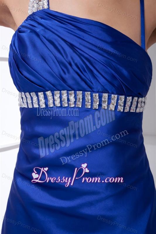 Column Blue Asymmetrical Brush Train Elastic Woven Satin Beading Prom Dress with Backless