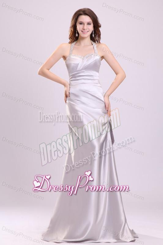 Column Gray Ruching Beading Halter Top Floor-length Prom Dress